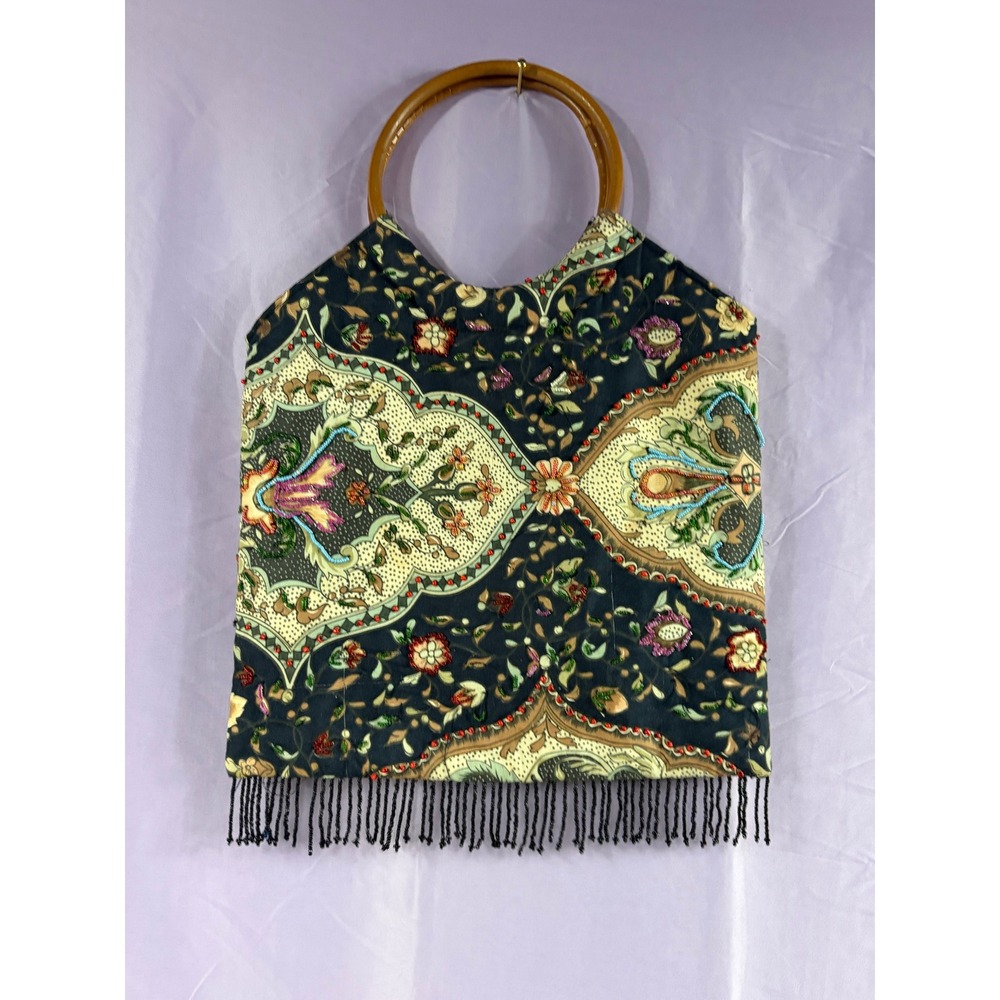 Vintage Beaded Tapestry Handbag Floral Paisley Wood Ring Handle Fringe Tote